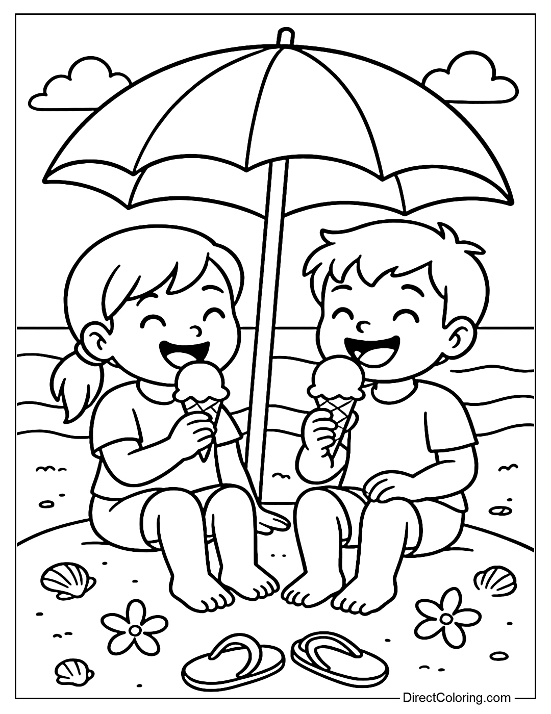 Coloring page of two kids sitting under an umbrella, eating ice cream and laughing happily on the beach.